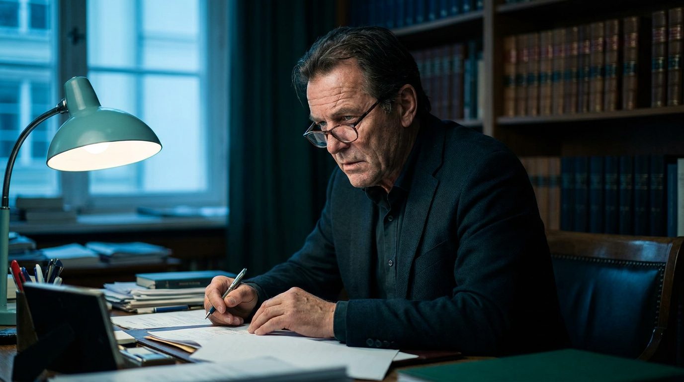 A veteran agency principal at his office desk